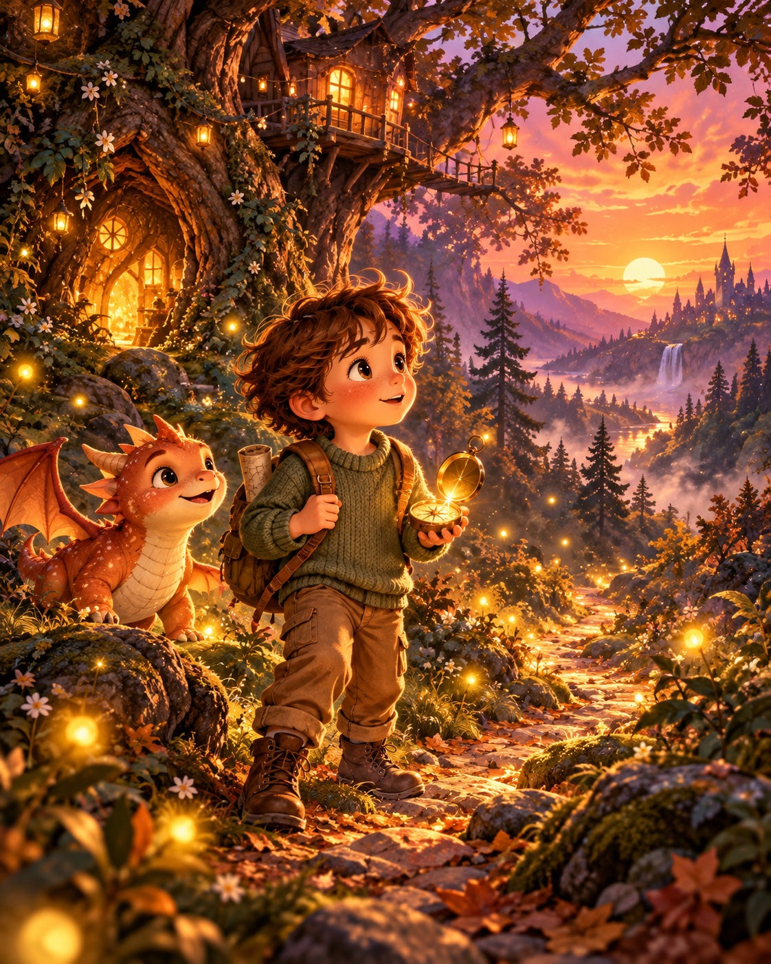 Un jeune garçon au pull vert tient une boussole lumineuse dans une forêt magique, accompagné d’un petit dragon.