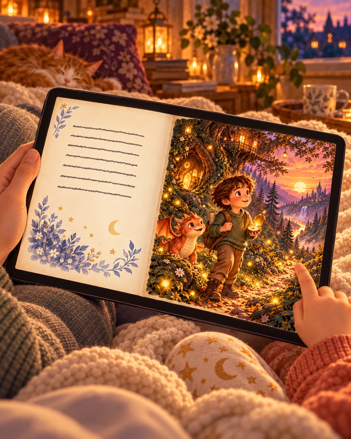 Un adulte et un enfant feuillettent ensemble une histoire numérique illustrée sur une tablette.