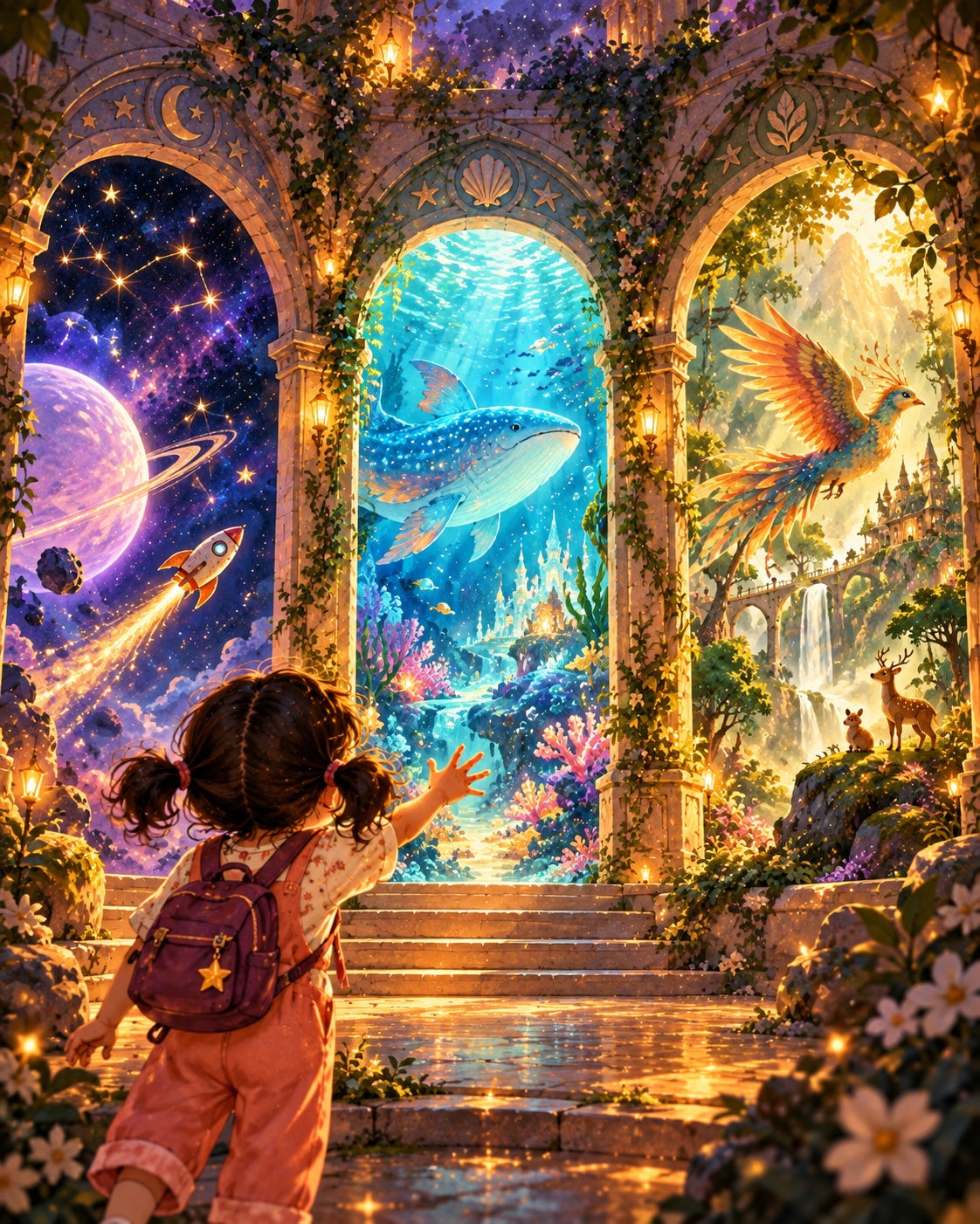 Une jeune fille découvre trois portes vers des aventures spatiales, sous-marines et fantastiques.