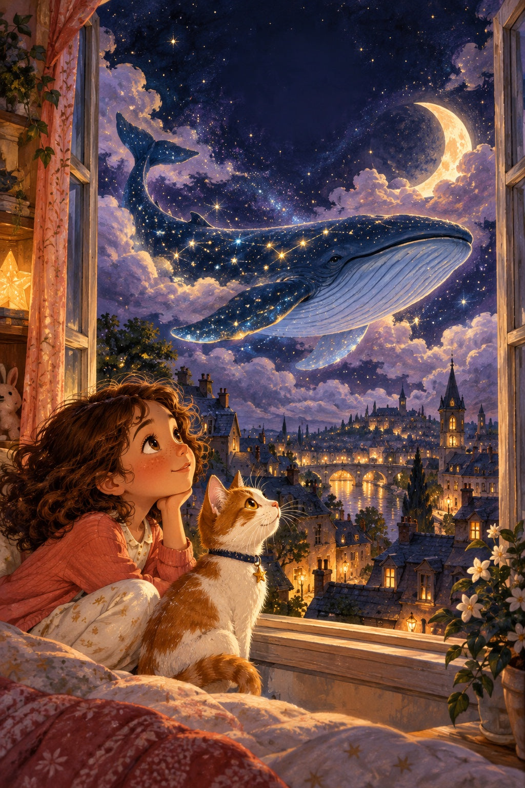 Mila et Pomme aperçoivent une baleine constellée dans le ciel nocturne.