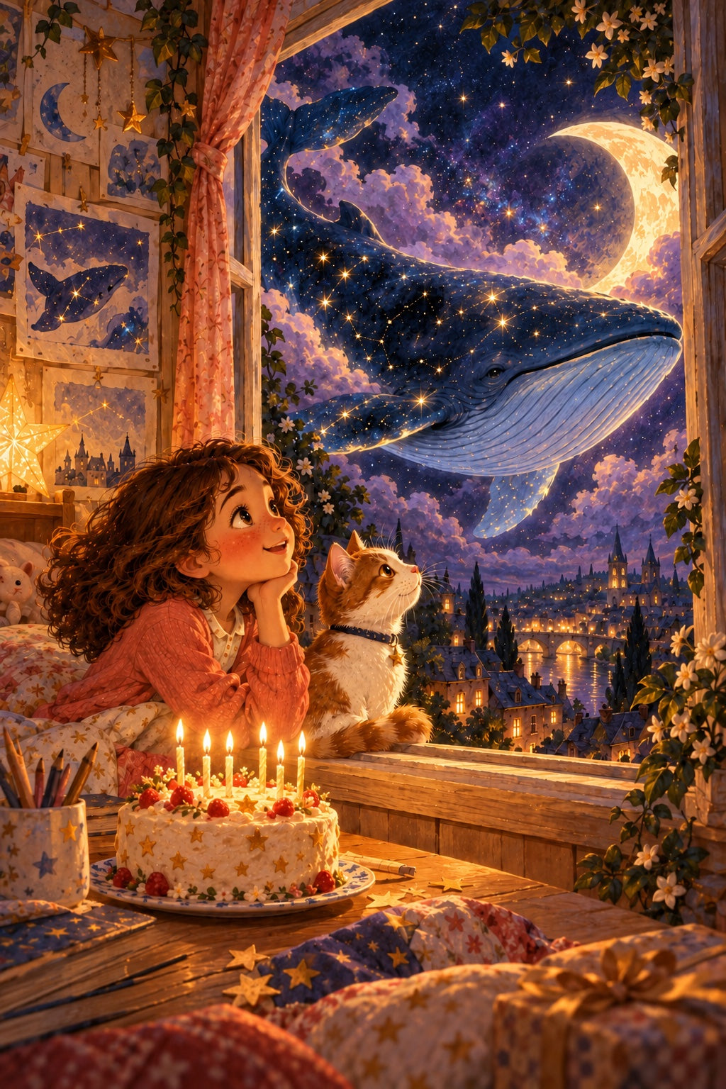 Mila et Pomme découvrent une baleine étoilée à la fenêtre de sa chambre d’anniversaire.