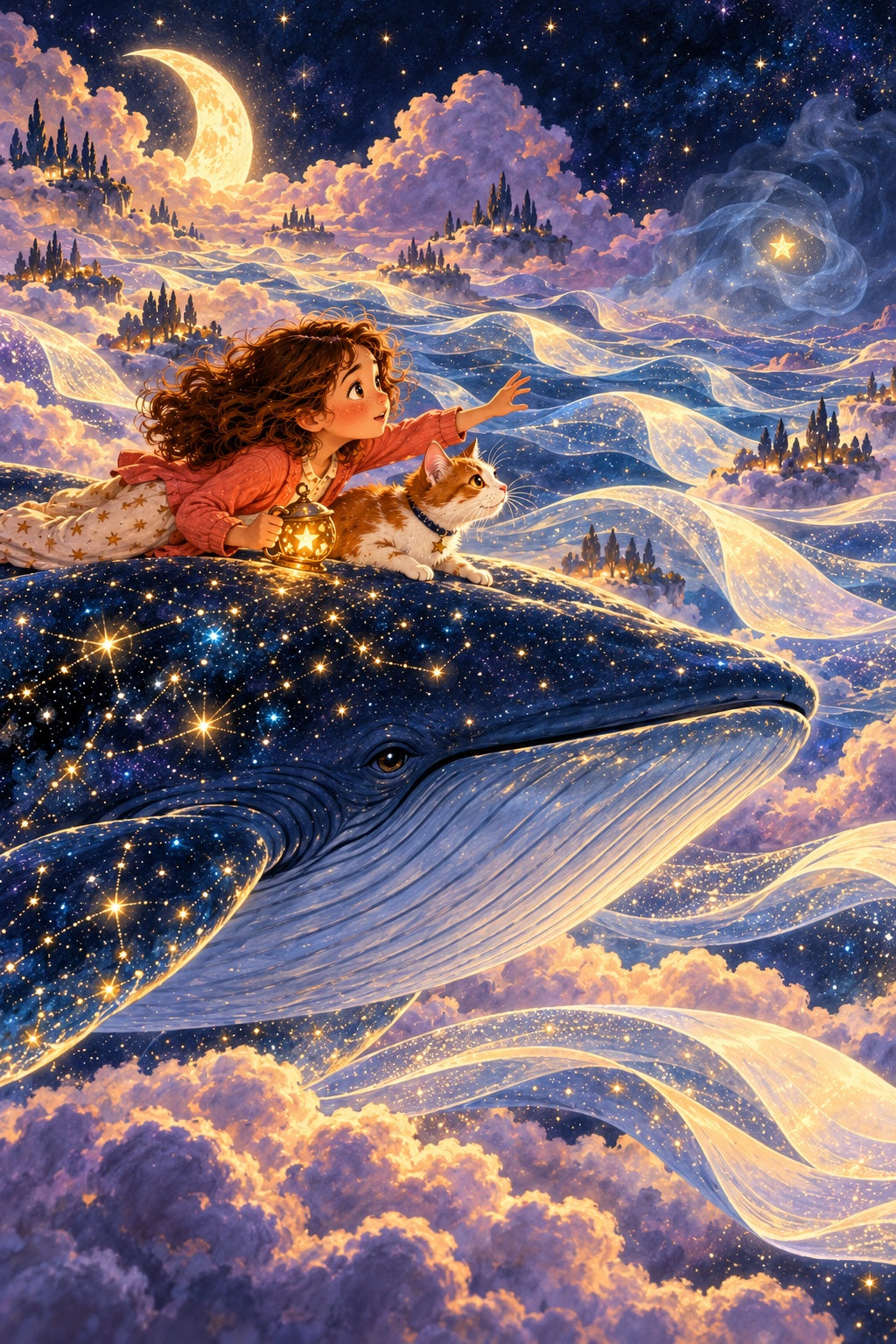 Mila et Pomme traversent la Mer des Rêves sur le dos de la baleine.